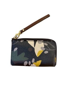 Fossil Black Floral Print Wristlet Clutch with Brown Strap